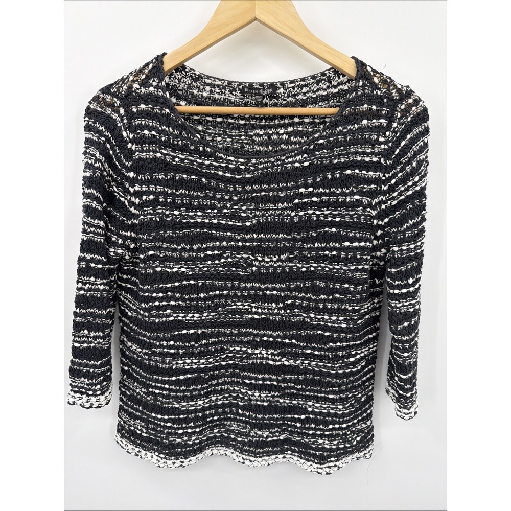 Eileen Fisher Textured Knit Boxy Fit S Sweater Black White Italian Yarn Cotton